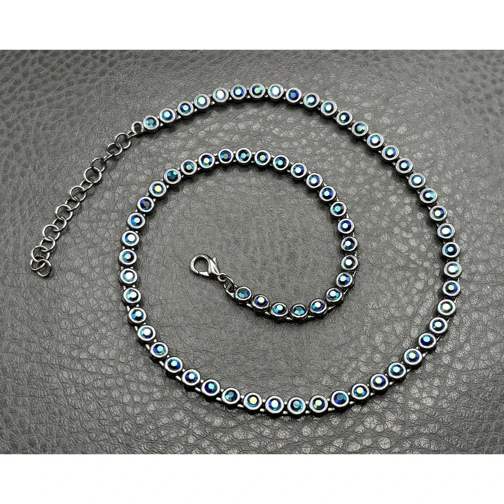 Japanned Dark Silver Tone Blue Aurora Borealis Crystal Tennis Necklace 17-19
